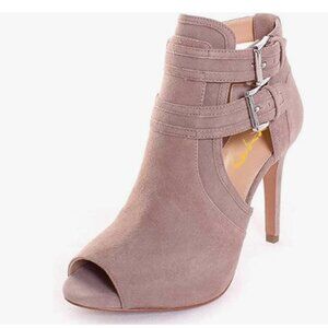 XYD Pink Suede Peep Toe Ankle Bootie High Heel Buckled Double Straps Cutout Shoe